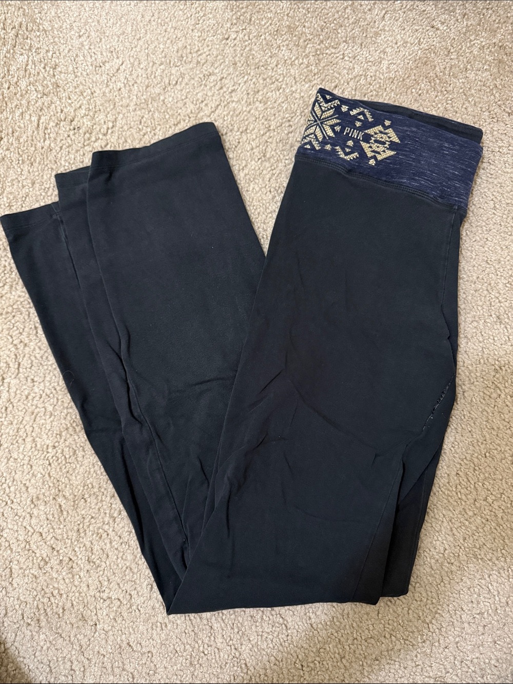 PINK Victoria's Secret Black Yoga Pants with Patterned Navy Waistband